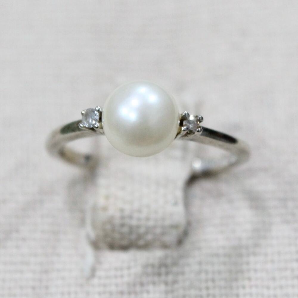 14K Harmony White Gold Pearl & Diamond Accent Band Ring Size 6